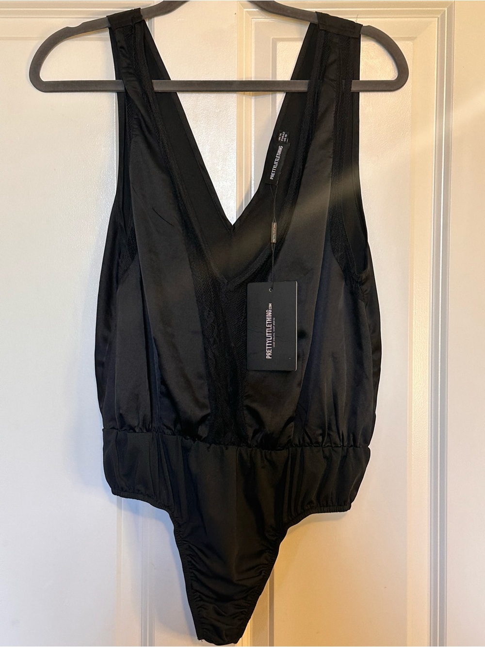 PrettyLittleThing Black Deep V Bodysuit with Mesh Panels